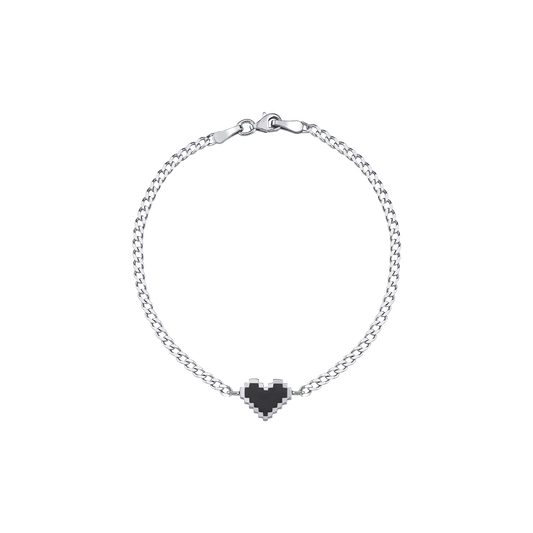 Silver | PIXEL LOVE BRACELET — siyah piksel kalp detaylı 925 ayar gümüş bilezik, önden ürün görünümü
