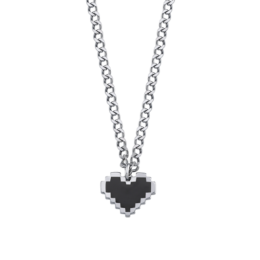 Silver | PIXEL LOVE CHAIN — siyah piksel kalp uçlu 925 ayar gümüş kolye, önden ürün görünümü