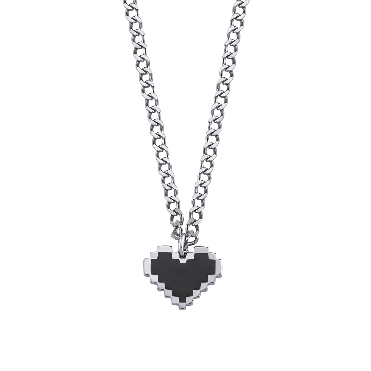 Silver | PIXEL LOVE CHAIN — siyah piksel kalp uçlu 925 ayar gümüş kolye, önden ürün görünümü
