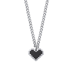 Silver | PIXEL LOVE CHAIN — siyah piksel kalp uçlu 925 ayar gümüş kolye, önden ürün görünümü
