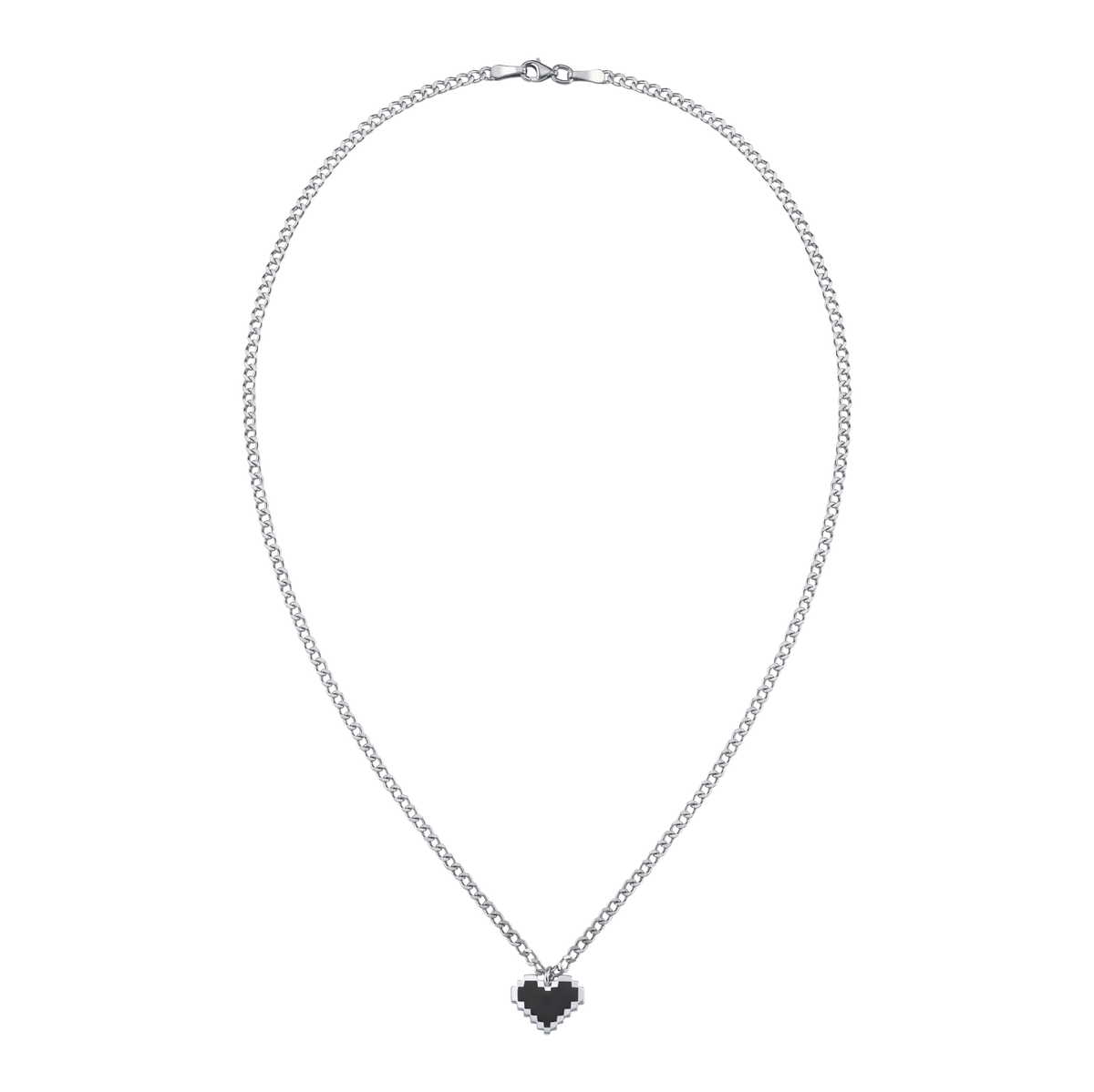 Silver | PIXEL LOVE CHAIN — siyah piksel kalp uçlu 925 ayar gümüş kolye, önden ürün görünümü