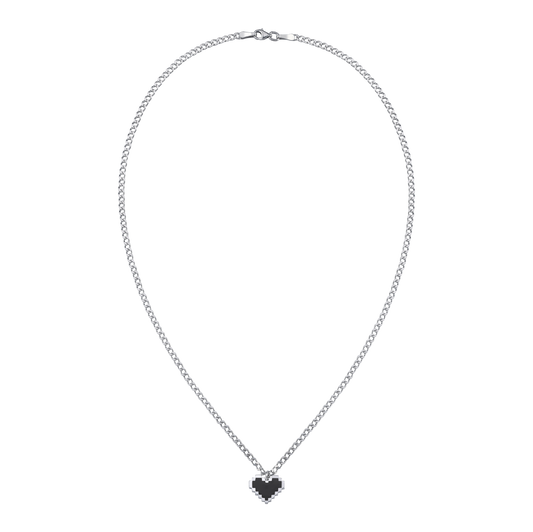Silver | PIXEL LOVE CHAIN — siyah piksel kalp uçlu 925 ayar gümüş kolye, önden ürün görünümü