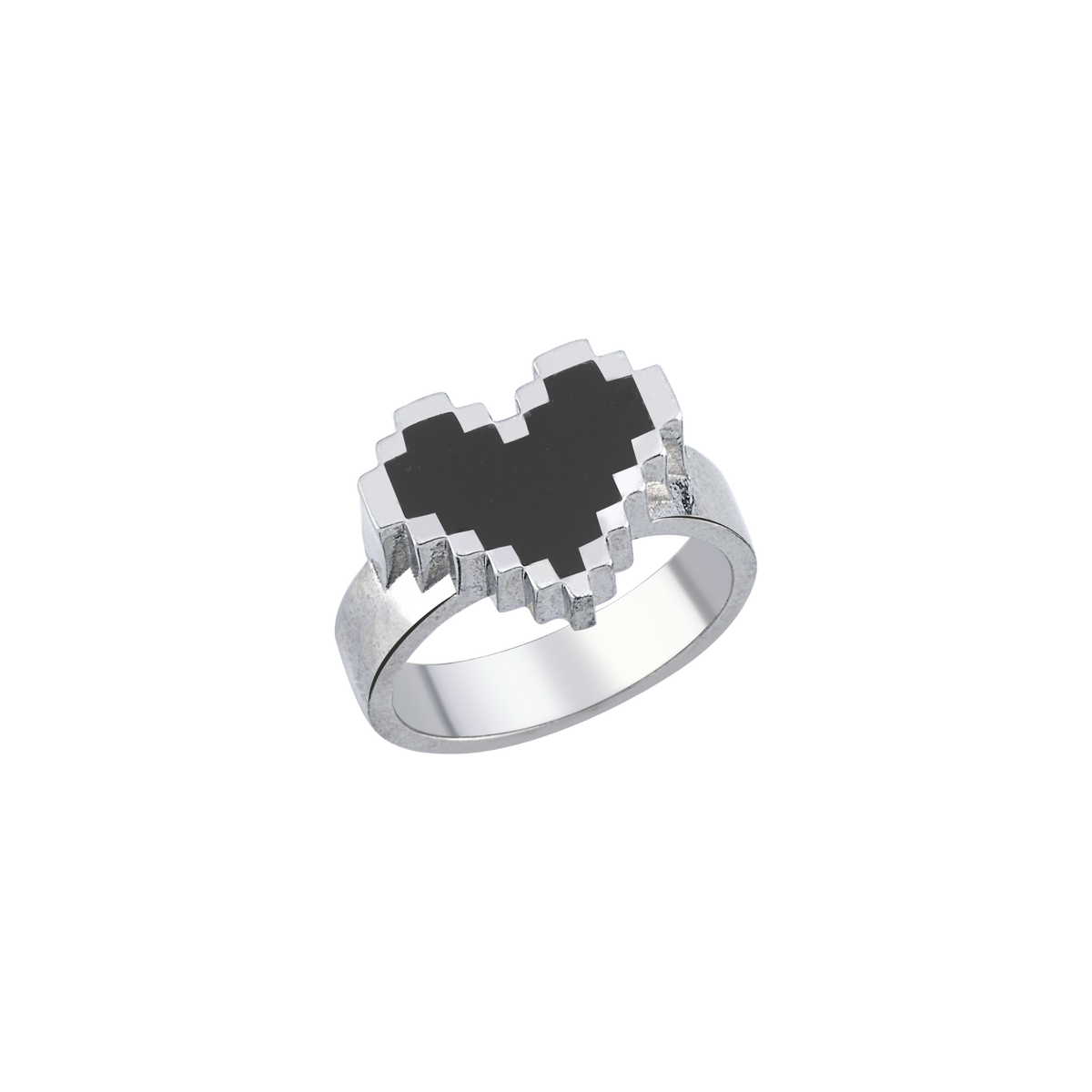 Silver | PIXEL LOVE RING — siyah piksel kalp detaylı 925 ayar gümüş yüzük, önden ürün görünümü