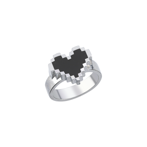 Silver | PIXEL LOVE RING — siyah piksel kalp detaylı 925 ayar gümüş yüzük, önden ürün görünümü