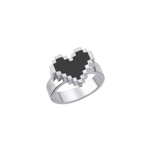 Silver | PIXEL LOVE RING — siyah piksel kalp detaylı 925 ayar gümüş yüzük, önden ürün görünümü